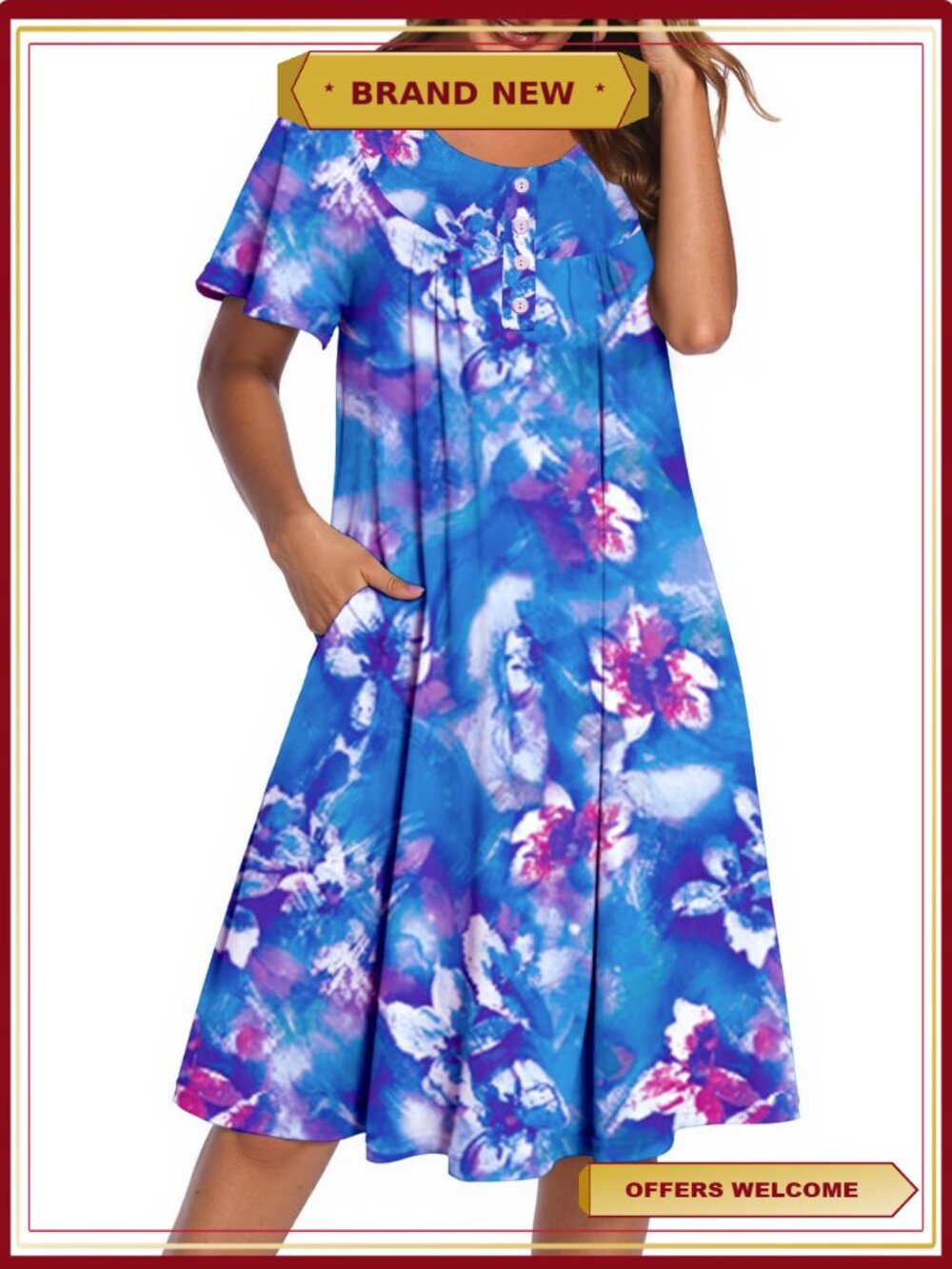 Ruffle Sleeve Button Midi Mumu Nightgown Dress with Pockets Floral